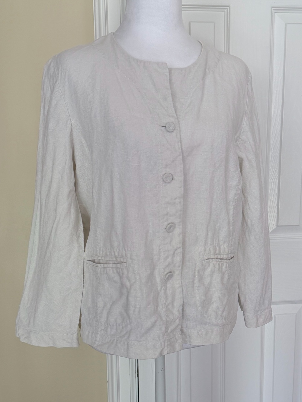 Eileen Fisher 100% Irish Linen Collarless Jacket Ivory Medium Pockets Flaw